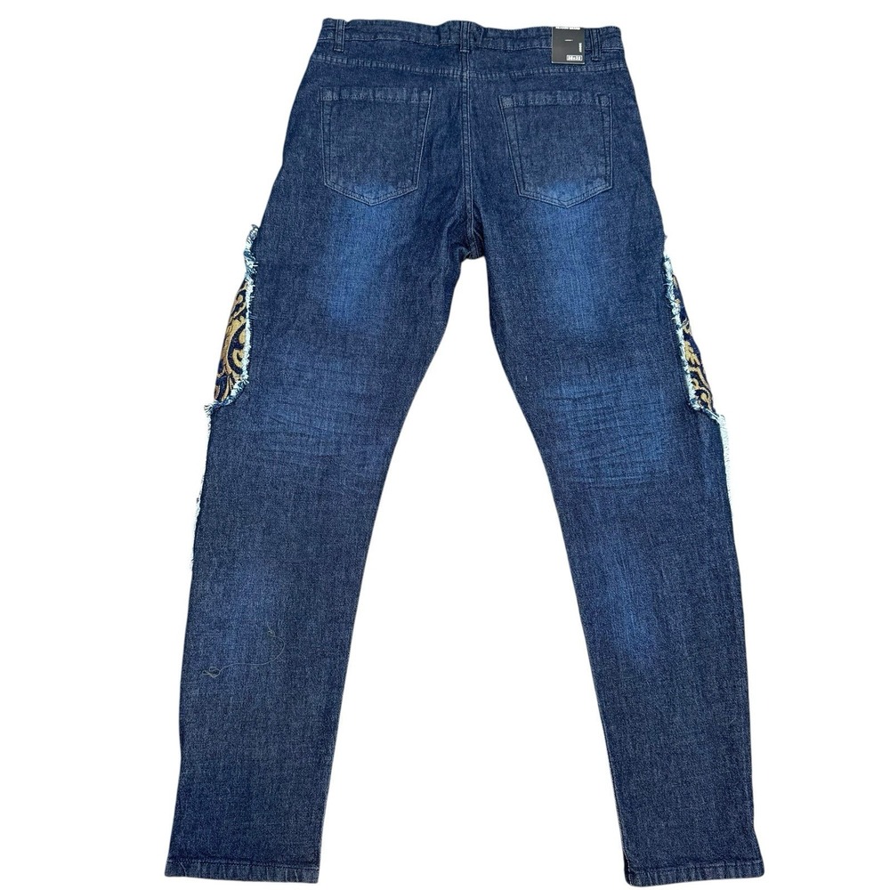 NEW REASON BRAND Men 38x32 Dark Wash Skinny Jeans Baroque Side Panel Distressed - Picture 2 of 13